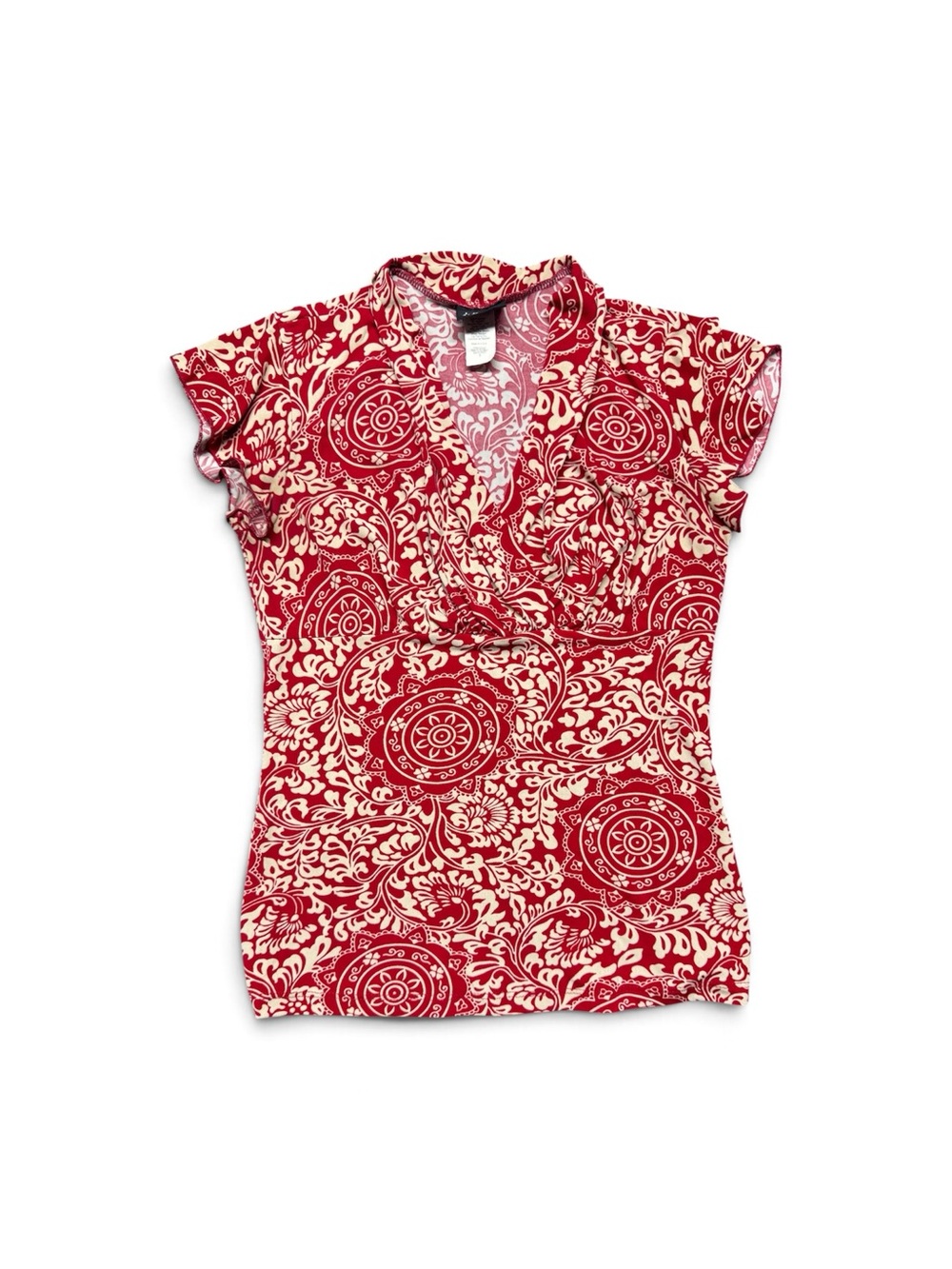 JKLA California Women’s Small Red Paisley Surplice Short Sleeve Top